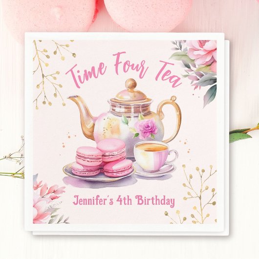 Thee 4e Verjaardag Roze Meisje Tea Party Servet