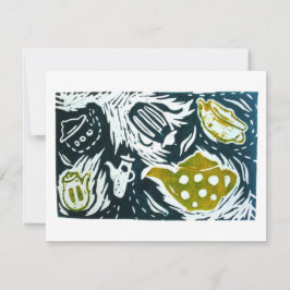 Thee Bladeren en Kleine Gesprekken Linocut RSVP Kaartje