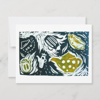 Thee Bladeren en Kleine Gesprekken Linocut RSVP Kaartje