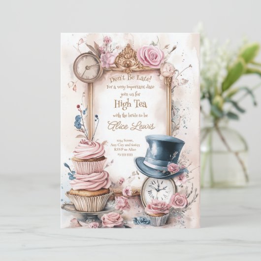 Thee Bruids douche uitnodiging, Alice bruids thee Kaart (Staand voorkant)