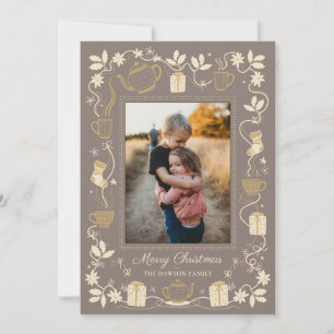 Thee, Cadeaus & Hulst Knus Kerstmis Familie Foto Feestdagenkaart