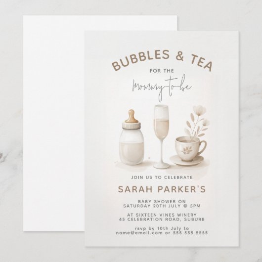 Thee & Champagne Neutraal Baby shower Kaart (Voorkant / Achterkant)