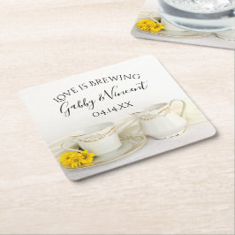 Thee Cup met Gele Daisie Bruiloft Liefde is Brouwe Kartonnen Onderzetters
