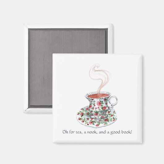 Thee, een nook en een boek! Tea slogan,  bekertje Magneet (Voorkant / Achterkant)