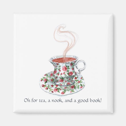 Thee, een nook en een boek! Tea slogan,  bekertje Magneet (Voorkant)