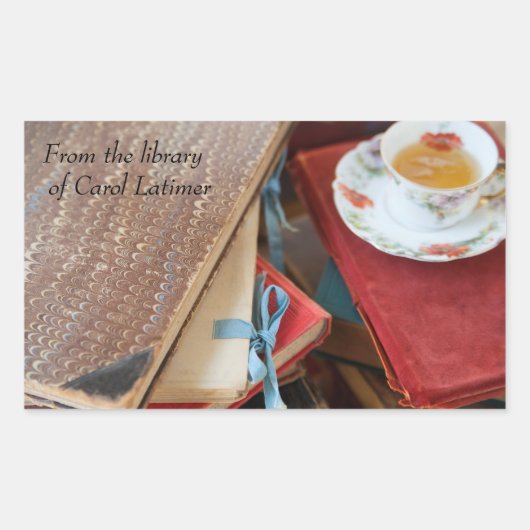 Thee en  boeken bookplate rechthoekige sticker (Voorkant)