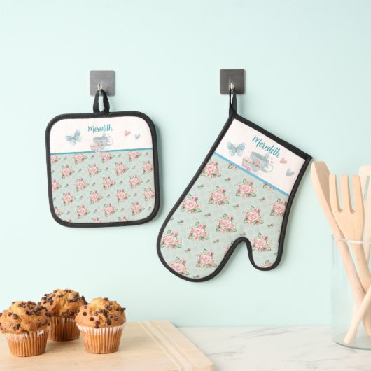 Thee en Cupcake Tijd Gepersonaliseerde Oven Mitt & Ovenwant & Pannenlap Set (Insitu(Ophanging))