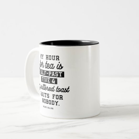 Thee en gebotterde toast offertes tweekleurige koffiemok (Voorkant links)