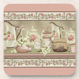 Thee en rozen onderzetters in vintage perzik tint