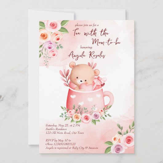 Thee feestje baby shower cute roze teddy in een mo kaart (Voorkant)