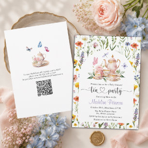 Thee feestje baby shower QR code wilde bloemen Kaart