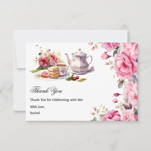 Thee feestje bruidsfeest roze bloemen bedankkaart (Voorkant)