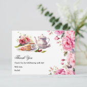 Thee feestje bruidsfeest roze bloemen bedankkaart (Staand voorkant)