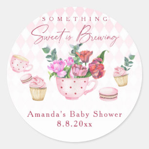 Thee feestje Er broeit iets zoets Baby shower Ronde Sticker