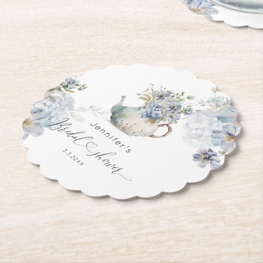 Thee feestje met blauwe hortensia's voor de bruids kartonnen onderzetters (Gekanteld)