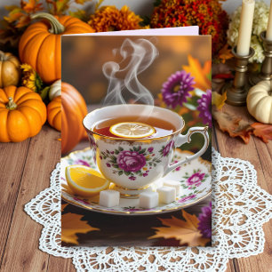 Thee in een  theekopje, mama's, pompoen herfst kaart