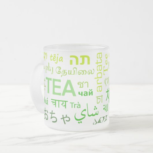 Thee in elke taal in het groen matglas koffiemok (Voorkant links)
