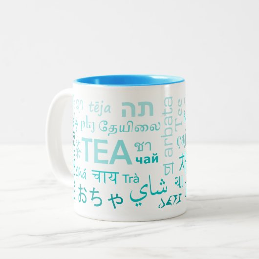 Thee in elke taalkundige Mok in blauw (Voorkant links)