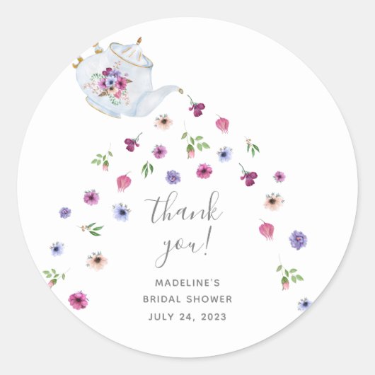 Thee kan Florale Bruiloft Thee Party Bedankt Ronde Sticker (Voorkant)