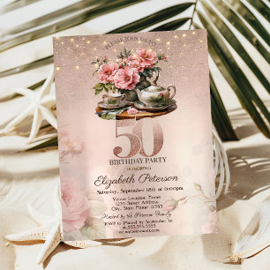 Thee Kop Bloemen Glitter Roze Goud 50e Verjaardag Kaart