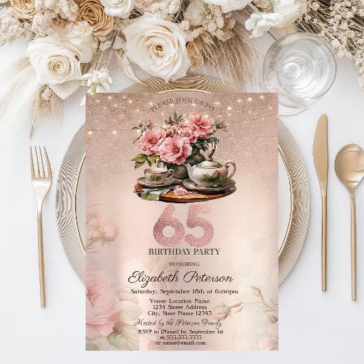 Thee Kop Bloemen Glitter Roze Goud 65ste Kaart