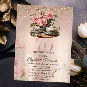 Thee Kop Bloemen Glitter Roze Goud 70ste Verjaarda Kaart
