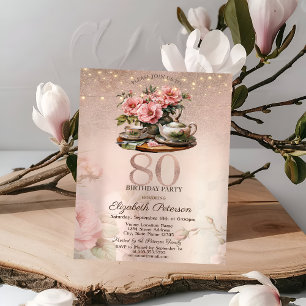 Thee Kop Bloemen Glitter Roze Goud 80e Verjaardag Kaart
