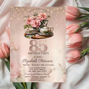 Thee Kop Bloemen Glitter Roze Goud 85ste Verjaarda Kaart