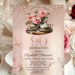 Thee Kop Bloemen Glitter Roze Goud 90ste Verjaarda Kaart