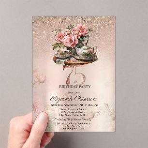 Thee Kopje Bloemen Glitter Roze Goud 75ste Verjaar Acryl Uitnodigingen