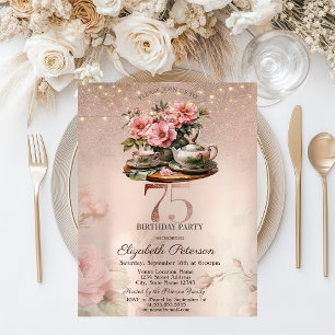 Thee Kopje Bloemen Glitter Roze Goud 75ste Verjaar Kaart