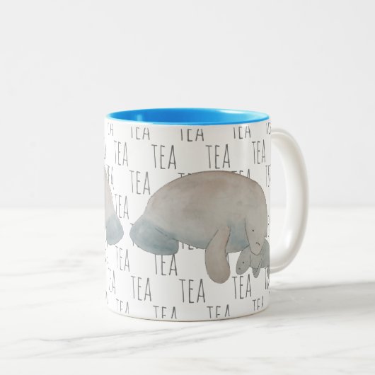 Thee Marine Zoogdier Waterverf Moeder Baby Manatee Tweekleurige Koffiemok (Voorkant rechts)