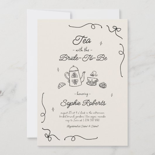 Thee met de bruid om een handgetekende bruidsdouch kaart (Voorkant)