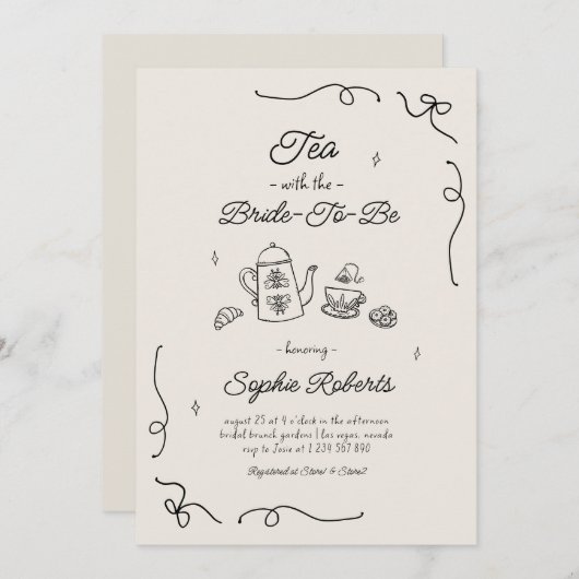 Thee met de bruid om een handgetekende bruidsdouch kaart (Voorkant / Achterkant)