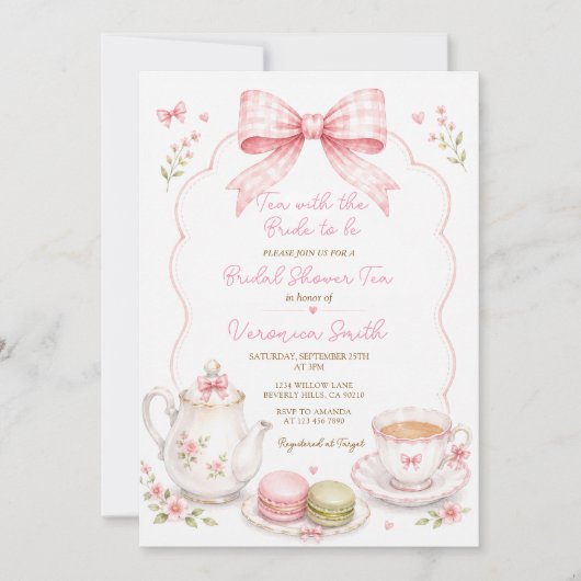 Thee met de Bruid Roze Lint Bruidsfeest Kaart (Voorkant)