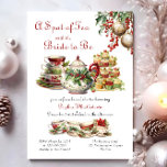 Thee met de bruid Vintage Christmas Vrijgezellenfe Kaart<br><div class="desc">Een plek van thee met de bruid om te zijn. Uitnodiging voor de kerstbridal shower. Het ontwerp is voorzien van kersttheepot, theekopjes en taartstandaard vol feestelijke cupcakes. Bridgerton geïnspireerd, regentschap tijdperk, theefeest thema voor een december of vakantie seizoen vrijgezellenfeest. Kenmerkend Brits Engels titel - die volledig bewerkbaar is als je...</div>
