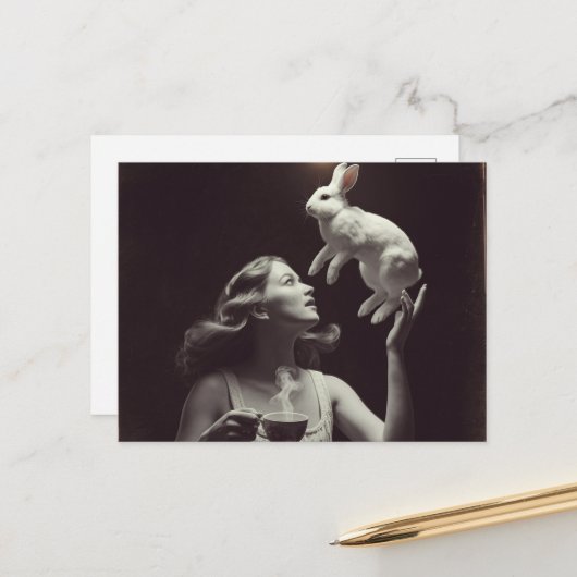 Thee met het konijn zwart en wit briefkaart (Voorkant / Achterkant in situ)
