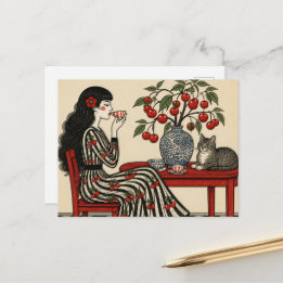 Thee Met Mijn Kat in mijn Kersen Jurk Briefkaart