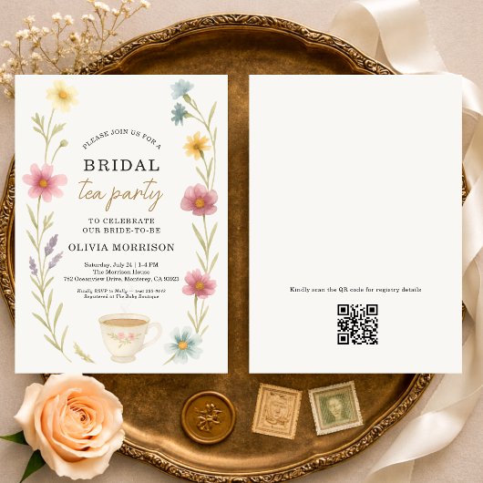 Thee met wilde bloemen QR Code Bruiloft Feest Kaart