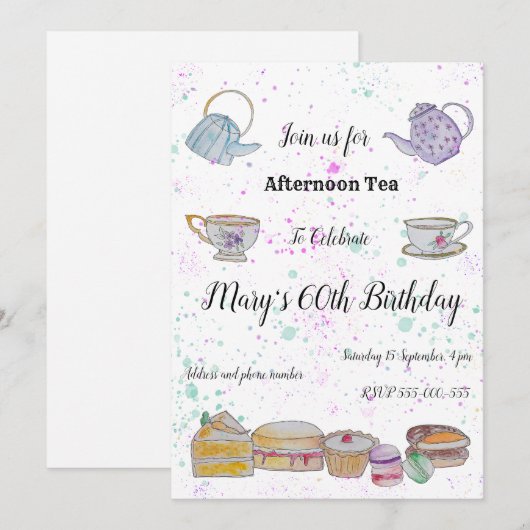 Thee middag Waterverf Uitnodiging (Voorkant / Achterkant)