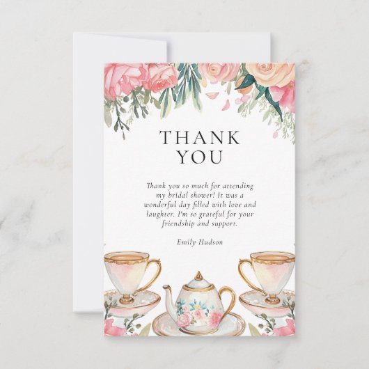Thee-ontbijt met bloemige elegante bruiloftsdouche bedankkaart (Voorkant)