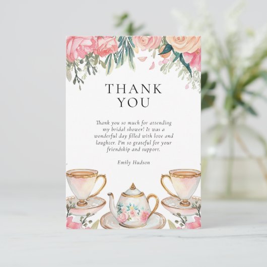 Thee-ontbijt met bloemige elegante bruiloftsdouche bedankkaart (Staand voorkant)