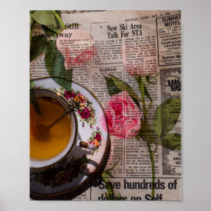 Thee oud handgeschreven papier en roze rozen poster