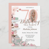 Thee Party 70th Verjaardag Roze Bloemen Custom Fot Kaart (Voorkant / Achterkant)