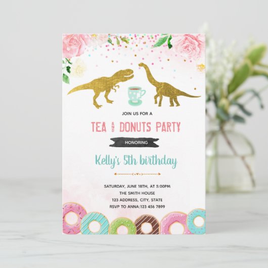 Thee rex donut meisje feest kaart (Staand voorkant)