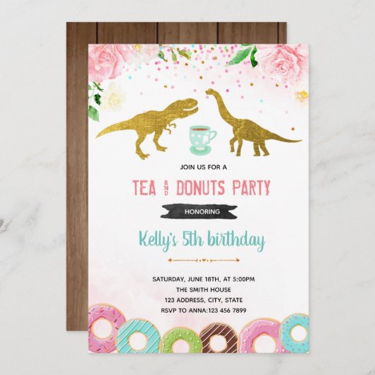 Thee rex donut meisje feest kaart (Voorkant / Achterkant)