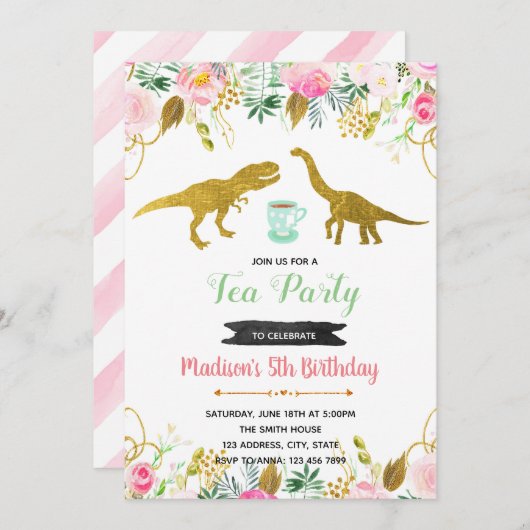 Thee rex feestje meisje uitnodiging (Voorkant / Achterkant)