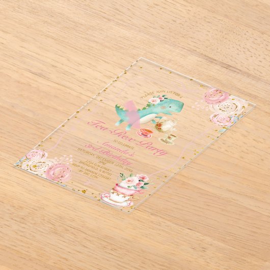 Thee-Rex Tutu Feest Dinosaur Meisje Roze 3e Verjaa Acryl Uitnodigingen (Laagn)