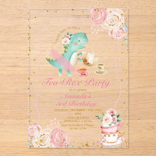 Thee-Rex Tutu Feest Dinosaur Meisje Roze 3e Verjaa Acryl Uitnodigingen (Voorkant)