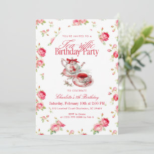 Thee servies met bloemen waterverf meisje verjaard kaart